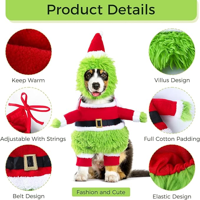 NACOCO Dog Christmas Furry Costume - Xmas Halloween Dog Cosplay Clothes with Cape Hat Green Monster Funny Uniform Santa Outfits Party Favors Apparel Warm Winter (Green, XS