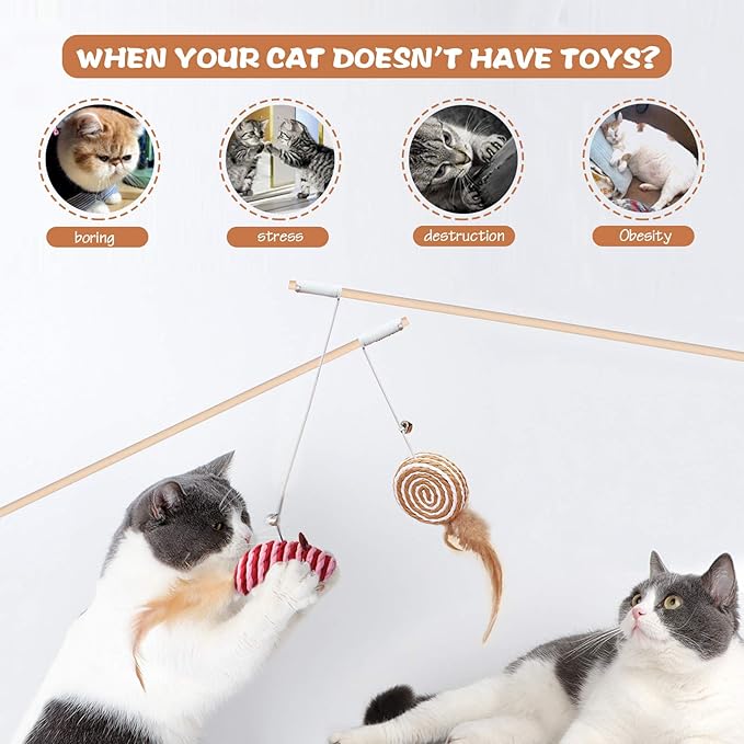 3-Pack Cat Wand Toys, 16-Inch Natural Wooden Teaser Wand with 5 Silvervine Sticks, Interactive Feather Wand for Indoor Cats