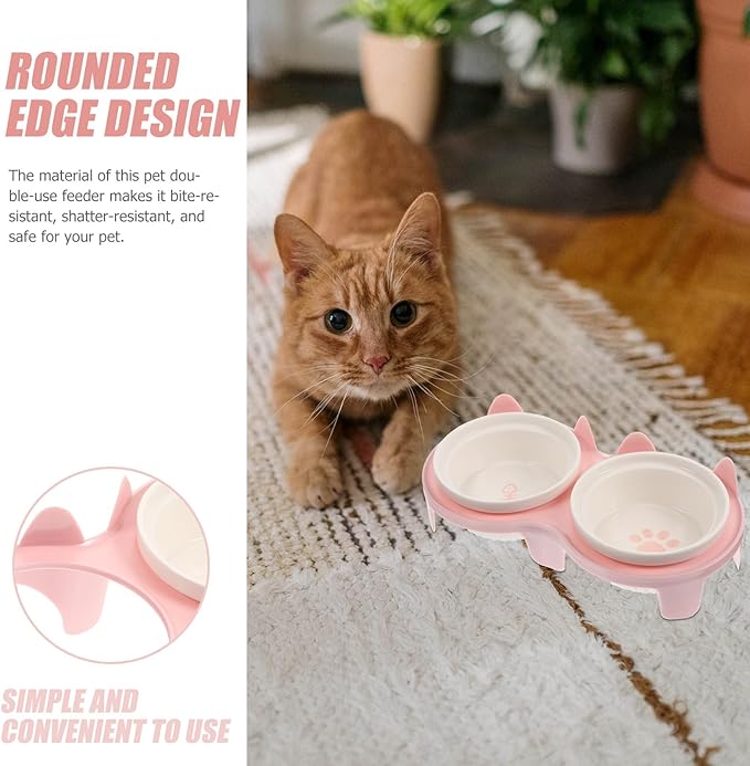 Elevated Ceramic Cat Bowl Set with Thickened Pink Double Bowls and Sturdy Pink Stand, Raised Feeding and Watering Station for Cats, Neck Protection Design for Household Pets