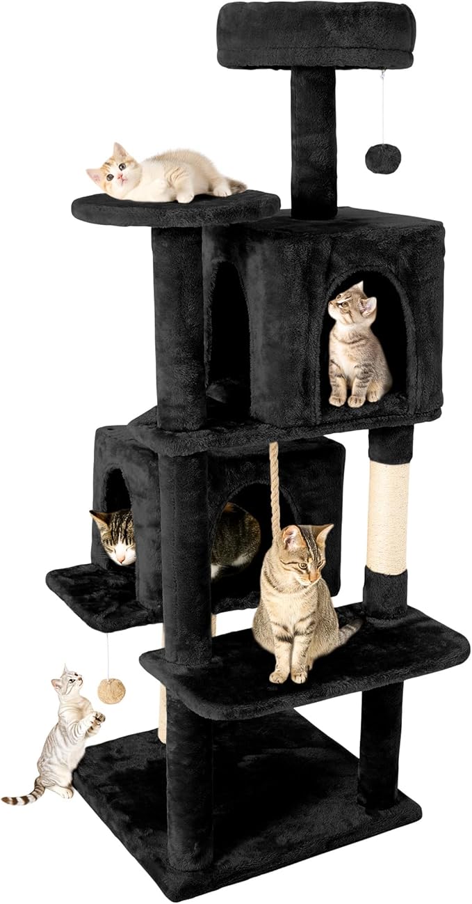59in Large Cat Tree Tower for Indoor Cats with Soft Plush Hang Ball, Two Condos, Sisal Scratch Posts & Rope Play for Kittens/Adult Cats, Black
