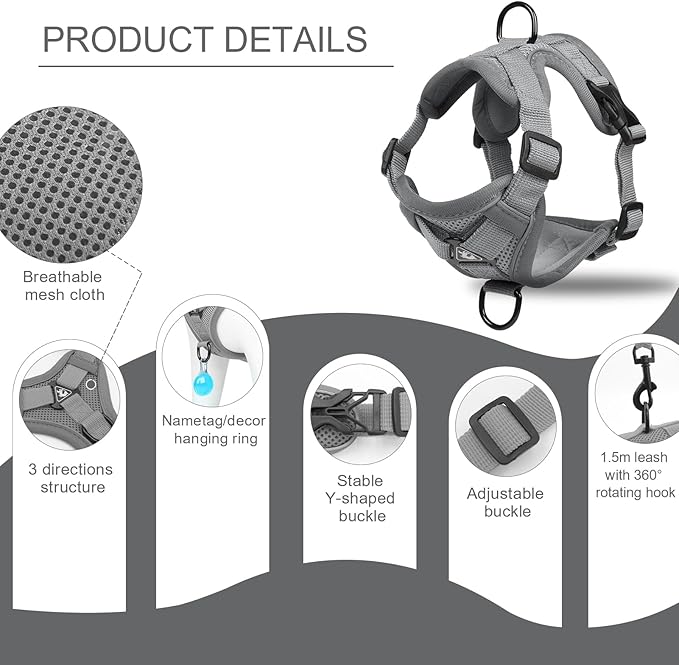 Cat Harness and Leash Set, Escape Proof Adjustable Vest with Leash for Walking with Kittens and Puppies Outdoor, Soft Mesh Jacket with Reflective Strips (M, Grey)