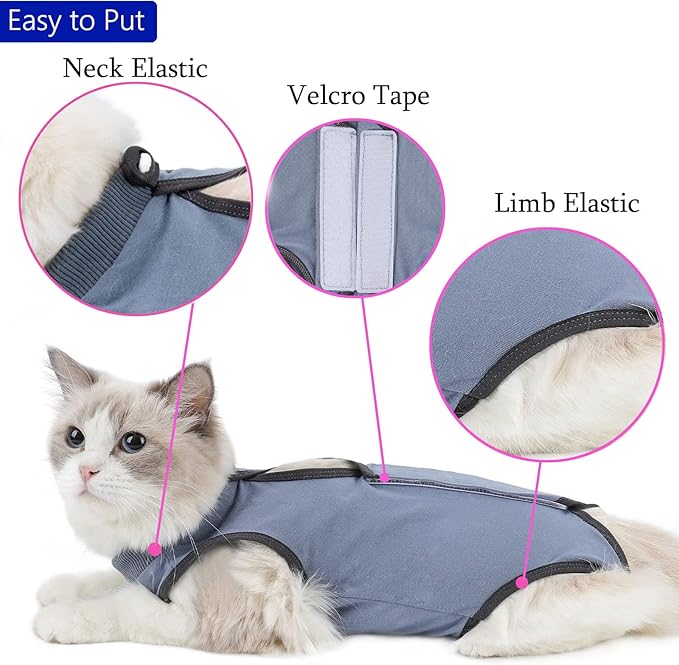 kzrfojy Cat Surgery Recovery Suit Cat Onesie for Cats After Surgery Spay Surgical Abdominal Wound Skin Diseases E-Collar Alternative Wear (Grey-Blue-M)