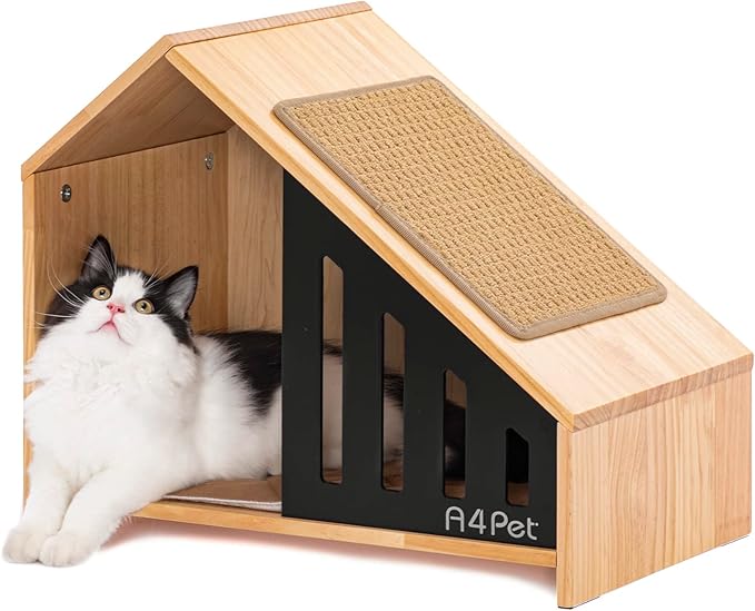 A4PET Cat House Wooden Cat Condo Cat Furniture for Indoor Cat Shelter with Scrather Cushion with Non-Slip Silicone, Pet House for Cats Small Dogs
