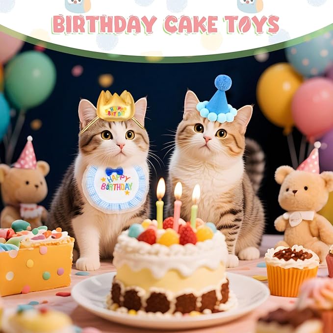 Cat Birthday Party Supplies - 4PC Cats Birthday Hat, Embroidered Bib, Cake Toy & Teaser Wand Cute Blue Costume for Cats Kittens Apparel Birthday Outfits