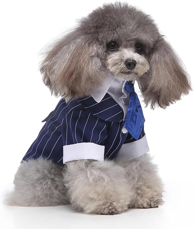 GabeFish Pets Wedding Jackets Suit for Dogs with Bow Tie Puppy Cat Formal Clothes Shirt Tuxedo (BlueStriped, S (Chest 12.9in/33cm)