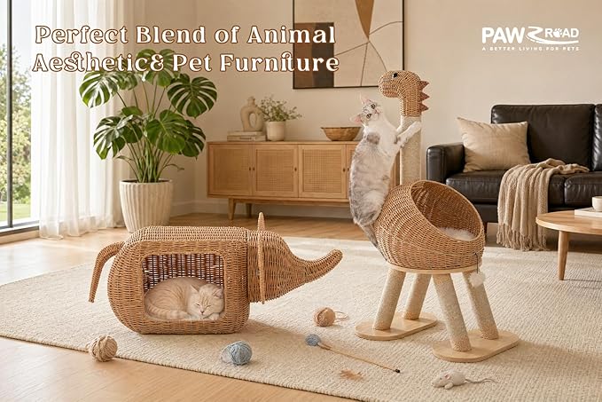 PAWZ Road Elephant Wicker Cat Bed Indoor&Outdoor, Handwoven PE Rattan Cat Condo with Removable Cushion, Breathable Waterproof Pet House Furniture for Indoor Cats