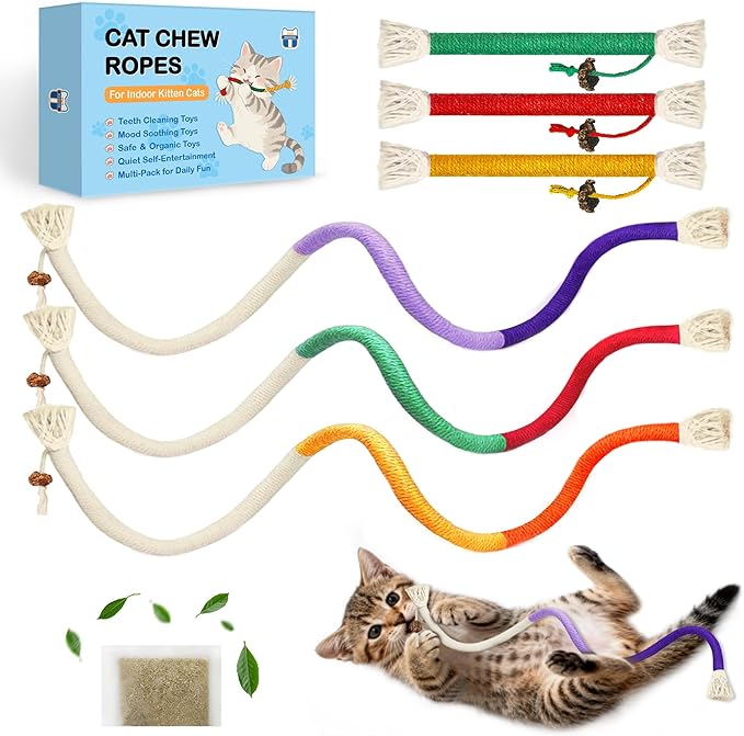 Cat Chew Rope Toys 6Pcs with Catnip, Indoor Cat Teething Toys for Kittens, Interactive Catnip Kitty Toys for All Breeds (Cats Chew Rope 6PCs)
