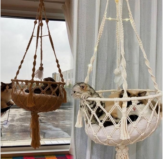 Hanging Cat Bed Tree Macrame Hammock Wall Furniture Swing Crochet Cave Without Any Pillow - Color: Off White