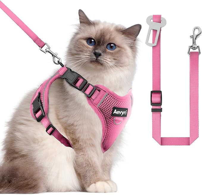 Cat Harness and Leash for Walking, The Upgrade Can be Adjusted in Four Directions and Breathable Cat Harness for Anti Escape that can be Fitted and Positioned, Reflective Strips Harness, Pink, L
