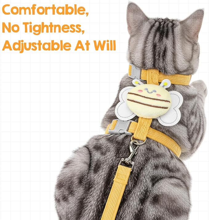 Cat Collar and Leash Set, Yellow Bee Pattern,Escape Proof Adjustable Kitten Harness, Soft Breathable Mesh for Small Cats, Bunnies, Rabbits