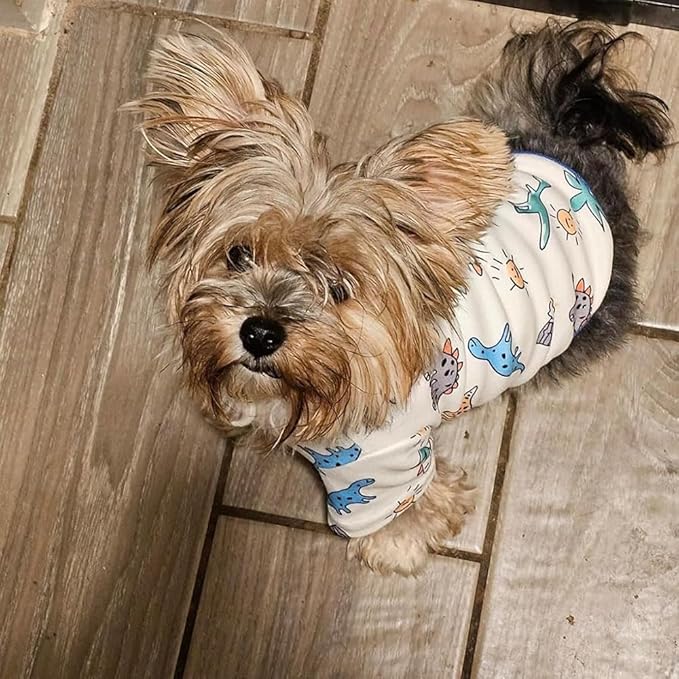 Cute Dog Shirt, Stretchy Dino Doggie T-Shirt Clothes for Small Dogs, Soft Pet Tee Outfit Cat Apparel for Daily Wear, Cozy Pullover Design Puppy Apperal (Dino Cartoon, X-Small Size for 1.1-3.3lb Pets)