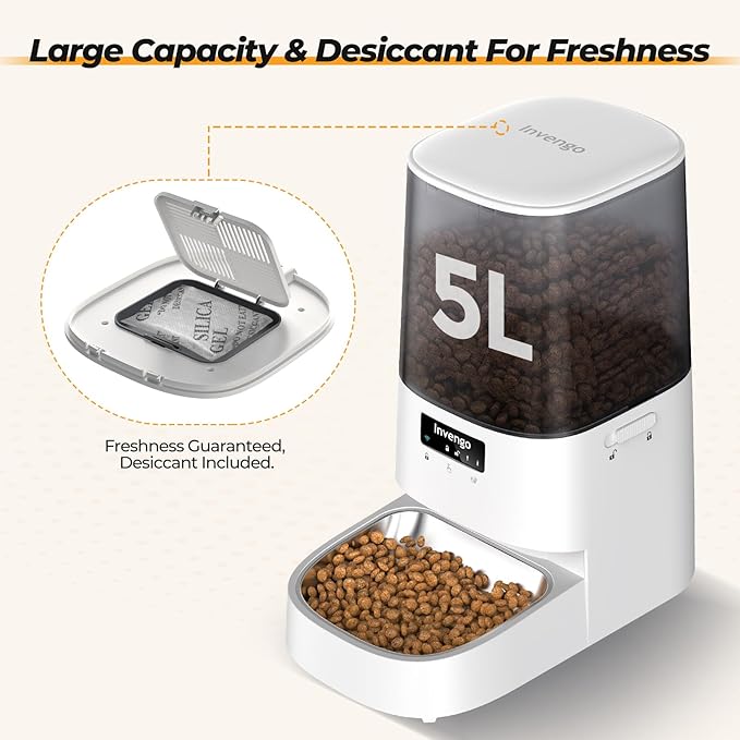 Automatic Cat Feeder with App Control, 5L Food Dispenser for Cats and Small Dogs, 2.4/5G Wi-Fi, Programmable Portions, Anti-Jam & Fresh-Lock, Stainless Steel Bowl, Easy to Clean