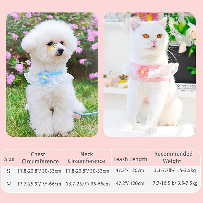 Cat Harness Collar and Leash Set, Sweet Lace Floral Kitten Collar, Escape Proof Puppy Chest Harness, Adjustable Cute Harness Leash Set for Cat Puppy Dog Outdoor Walking (Green, S)