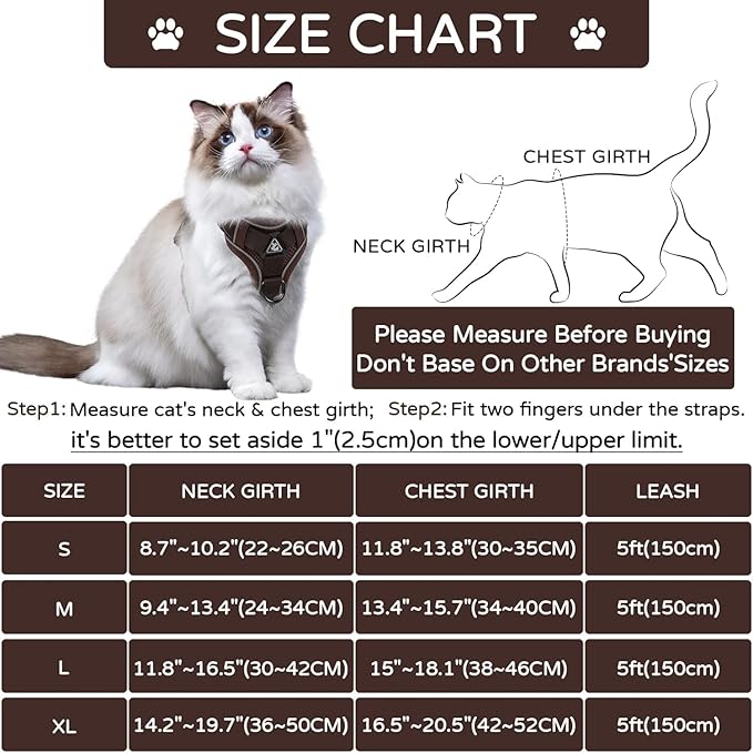 Cat Harness and Leash Set for Kitten Outdoor Walking, Cat Escape Proof Adjustable Vest with Lead, Soft Breathable Mesh Jacket with Reflective Strips for Dark Night (M, Brown)