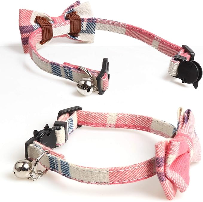 2 Pack/Set Cat Collar Breakaway with Cute Bow Tie and Bell for Kitty and Some Puppies, Adjustable from 7.8-10.5 Inch