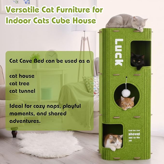 3-Storey Cat House for Indoor Use with 10 Pcs Sisal Toys Cube Cats Bed Cave Cat Houses 35.5 x 14.6 Inch Felt Scratch Resistant Cats Condos with Hideaway and Sisal Stuff for Indoor Multi-Cats Home