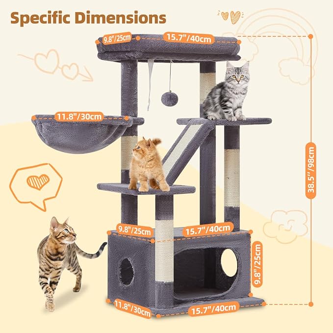 Taoqimiao Cat Tree,38.5-Inch Cat Tower for Indoor Cats,Suitable for Kittens with Luxurious cat condo, Adjustable Baskets and Luxurious Perch MS029SG Smoky Gray