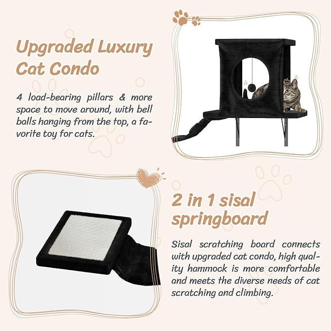 NUNU LAB 7-in-1 Cat Wall Shelves, Wall Mounted Cat Climber Set, Cat Furniture with House, Tunnel, Bridge, Steps, Scratcher, Hammock, Shelves for Indoor, Black