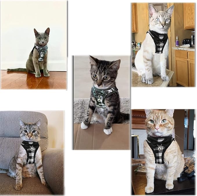 Cat Harness and Leash Escape Proof,Breathable Soft Kittens Vest for Cats Dogs, Escape Proof with Bell and Bow-Knot Decoration Christmas（Black and White，L）