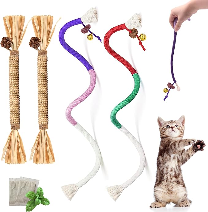 4Pcs Cat Chew Toys | 2 Silvervine Sticks & 2 Cat Cotton Rope Toys with Natural Catnip Stuffed Bags | Safe Tooth Cleaning Cats Indoor Toys | Silver vine Sticks & Catnip Rope Kitten Tooth Cleaning Toys