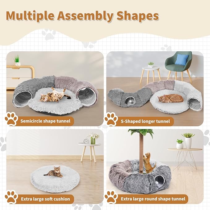 Odoland Large Cats Tunnels for Indoor Cats Fluffy Warm Cat Bed and Detachable Cave Tunnels with 20 Pet Toys, Donut Tunnel and Variety Kitten Toy Set for Chewing Playing