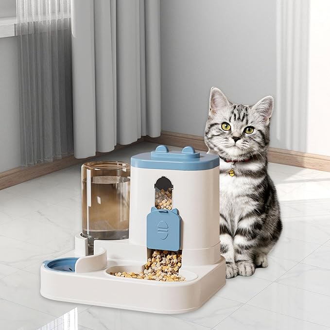 Automatic Pet Feeder and Waterer, 2-in-1 Food and Water Dispenser for Cats, Kittens, Small Medium Dogs, Blue