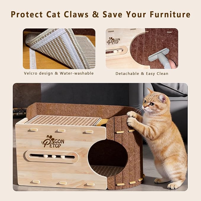 GONPETGP Large Cat Beds for Indoor Cats, Extra Wide Cat House Cave with Scratch Pad Wooden Play Ball, Foldable Felt Kittens Hideaway Condo for Multiple Small Pets