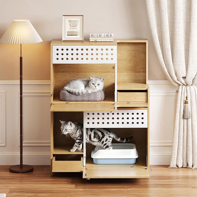 2 in 1 Cat Litter Box Enclosure Furniture, Double Hidden Litter Box Cabinet with Storage Shelf, Space Saving Wooden Cat House End Table for Indoor Use, Brown Natural,Natural