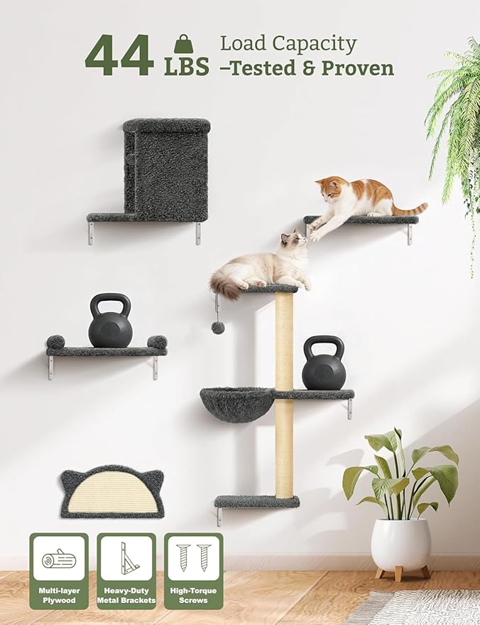 5-in-1 Cat Wall Shelves, Solid Wood & Velvet Wall Mounted Cat Furniture with Sisal Scratching Post, Holds Up to 44lbs, Fits Drywall & Solid Walls - Dark Gray