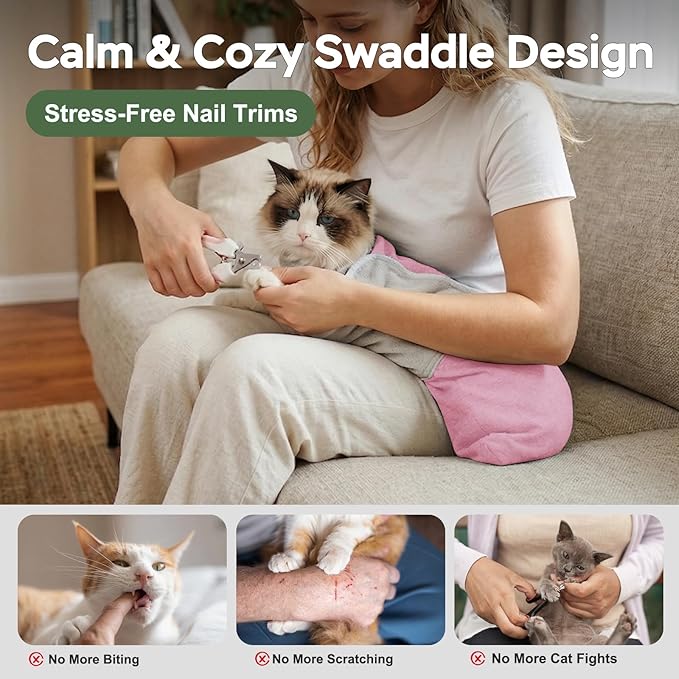Cat Wrap for Cutting Nails, Self-Adhesive Cat Nail Clipping Restraint Bag, Anti-Scratch Cat Grooming Wrap Swaddle for Meds, SubQ Fluids, Ear Cleaning, Teeth Brushing & Vet Visits,Pink,M
