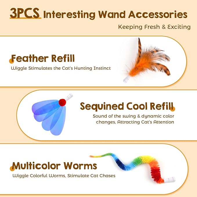 ORSDA 3PCS Wand Replacement 4 in 1 and 5 in 1 Interactive Electric Cat Toys for Indoor Cats, Feathers, Sequins, Caterpillars for Automatic Kitten Toys (Only Suitable for T65 & T85 Cat Toy)