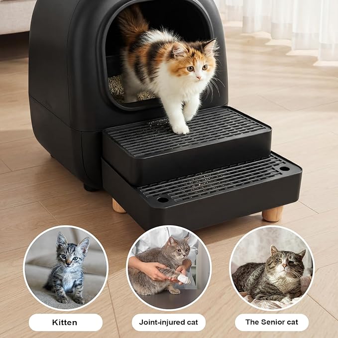 Adjustable 2 Steps Litter Box Ramp, Cat Litter Catcher Mat with Wooden Feet, Filter Function, Litter Box Step for Small & Elderly Cats, Fits Automatic Litter Boxes (Black)
