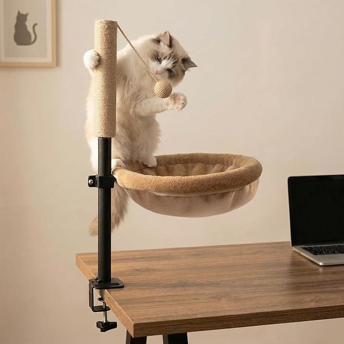 Cat Desk Bed with Scratching Post - Adjustable Height & 360° Rotation, Reversible Machine Washable Cover, Space-Saving Clamp-On Design for Office Desks, Sturdy Support for Indoor Cats (Camel)