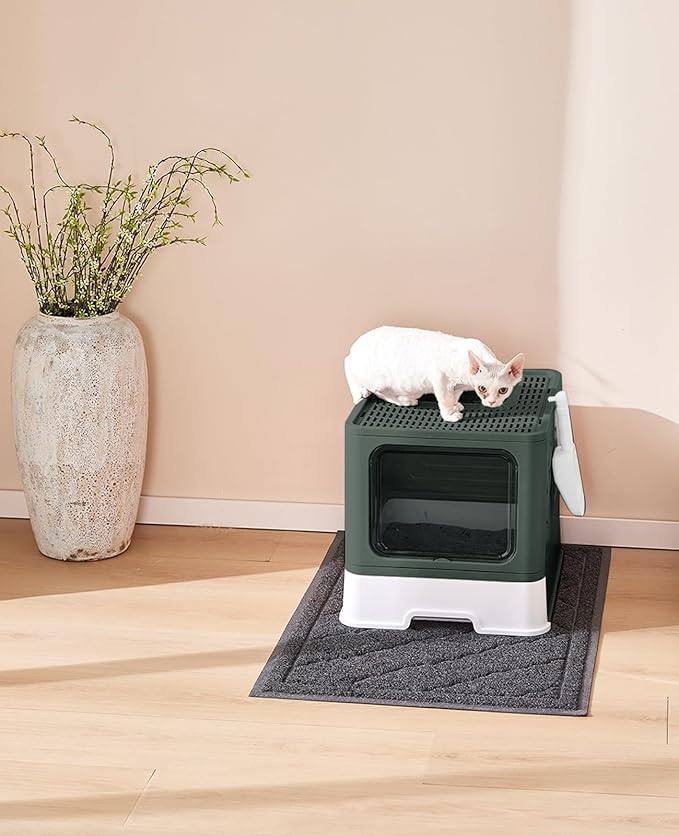 Medario Cat Litter Box with X-Large Litter Mat and Scoop, Large Covered Litter Box with Lid, Enclosed Kitty Box,Front Top Entry Exit, Odor Control Easy to Clean (Upgrade Olive Green)