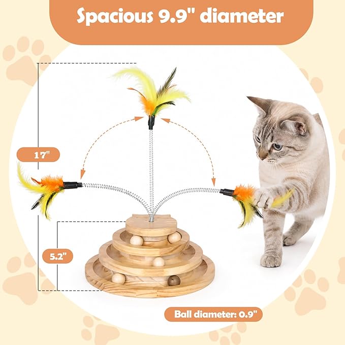 Cat Toy Ball Track with Feather Wand, 4 Layer Large Wooden Cat Ball Tower (9.9”) for Indoor Cats, Interactive Self Play Cat Toy with Bell Balls, Durable Pine Track for Big & Multi Cat Homes