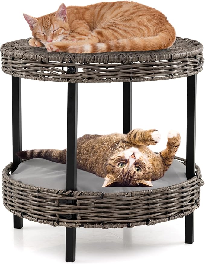 PETSITE Modern Wicker Cat Nest, 2-Tier Rattan Cat House w/Removable Padded Cushion, Round Platforms, Metal Frame, Indoor & Outdoor Raised Pet Shelter for Living Room, Bedroom, Porch