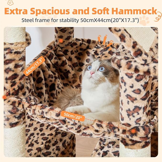 Taoqimiao Cat Tree 71-Inch, Cat Tower for Indoor Cats Large Adult, Multi-Level Large Cat Condo, 8 Sisal Scratching Posts, Metal Frame Cozy Hammock, Scratch Board, 2 Top Perches, Leopard Print MS026LBW