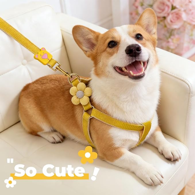 PETCARE Cute Flower Dog Harness and Bowtie Leash Set Easy Walk Puppy Dog Halter Harness for Small Dogs Girl Step in Dogs Harnesses with Buckle (Yellow, Chest Adjustable 9"-14", Rope Width 0.39")
