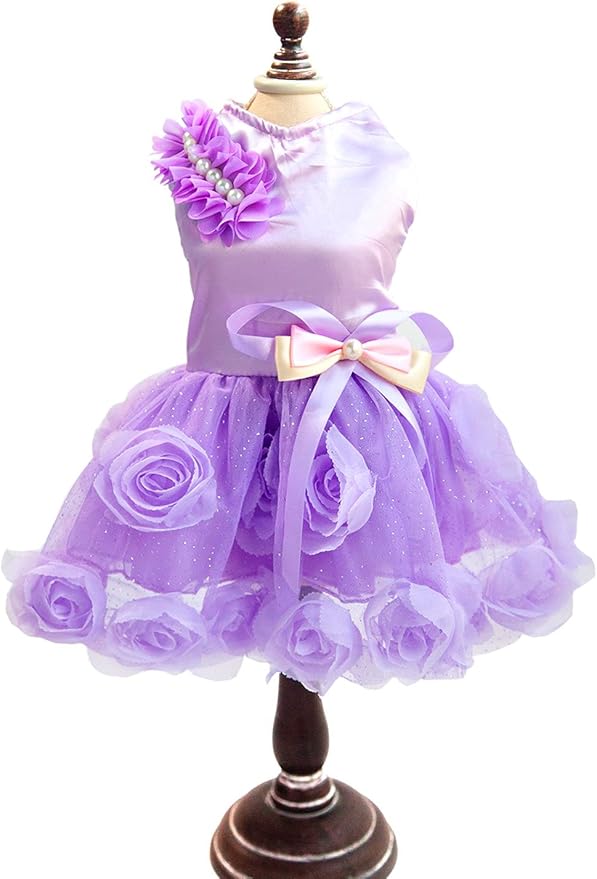 SMALLLEE_Lucky_Store Pet Small Dog Wedding Dress with Bowknot Birthday Party Costume Satin Rose Pearls Girl Formal Dress Cat Tutu Purple Violet, Medium