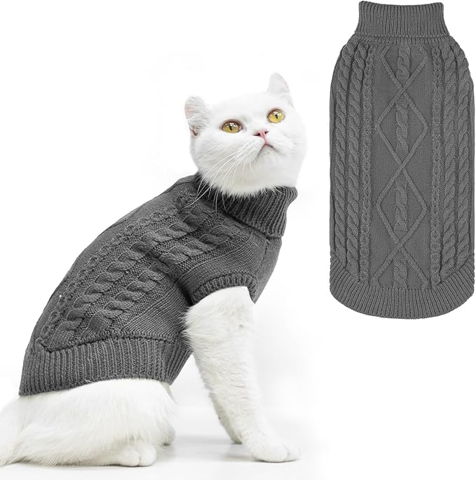 PUPTECK Winter Cat Sweater Coat - Soft Warm Cold Weather Clothes Knitwear for Kittens & Small Dogs Indoor Outdoor Wearing, Knitted Classic for Doggies Kitties Girls Boys, Grey, M