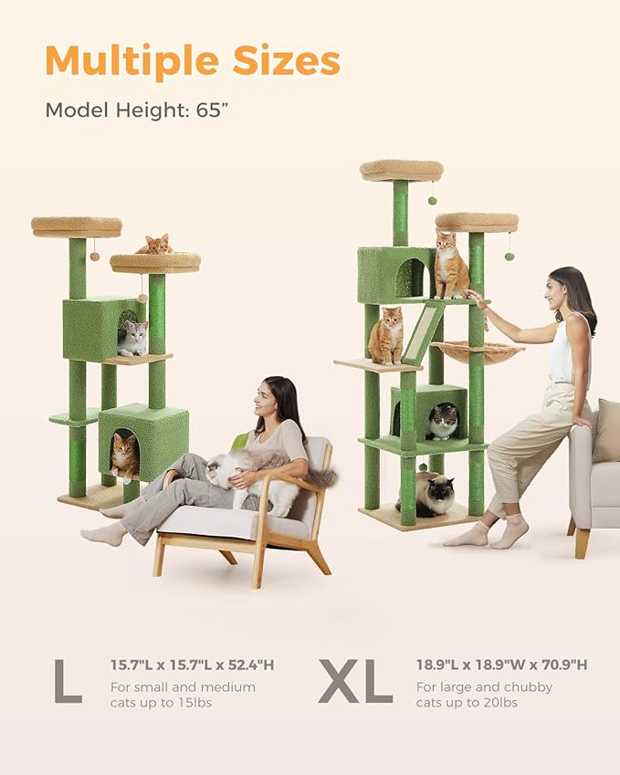 MUTTROS Cactus Cat Tree, 52.4" Cat Tower for Indoor Cats, Cute Cat Tree with 2 Padded Perches, 2 Condos & 2 Scratching Posts, Green