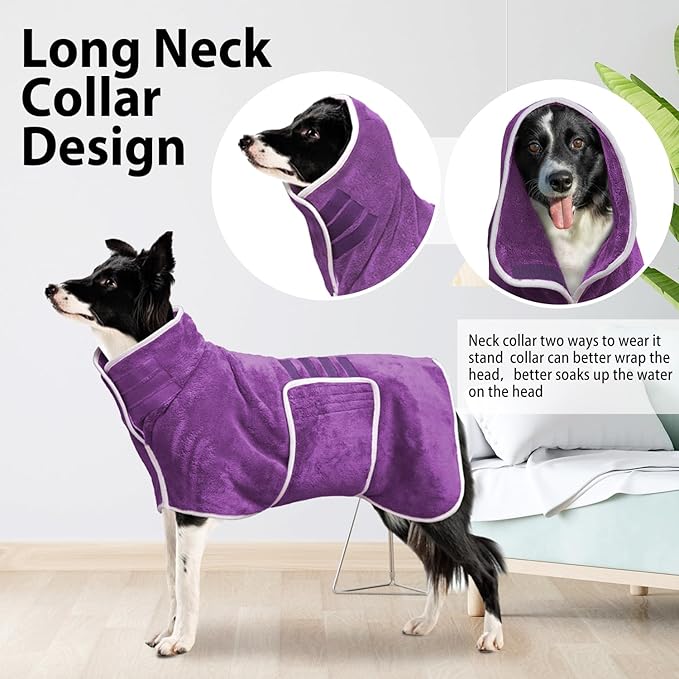 Dog Bathrobe Towel Dog Drying Coat - Super Absorbent Towels Bath Robe for Dogs Large, Soft Adjustable Collar & Belly Strap Fast Drying Coat Pet Cat Bath Robe (Violet, XX-Large)