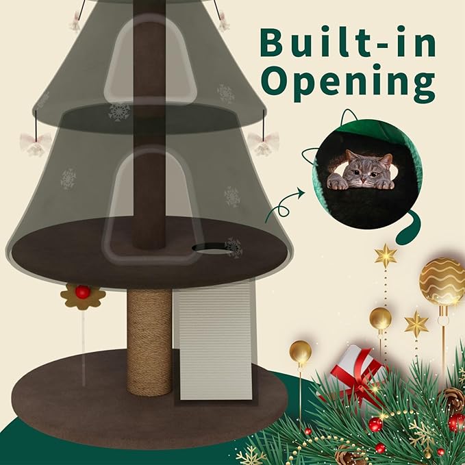 STILLCOVE 53" Large Christmas Cat Tree Tower: Indoor Green Heavy Duty Cat Condo House with Scratching Post & Toys for Xmas Decorations