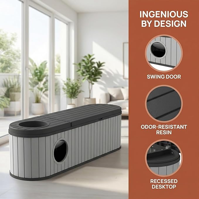 Large Cat Litter Box Enclosure with Hidden Cat Bed, 2-in-1 Resin Cat House Furniture with Flip-Top Lid & Dual-Way Swing Door, Multi-Functional Side Table Bench for Living Room, Easy-Clean Odor Control