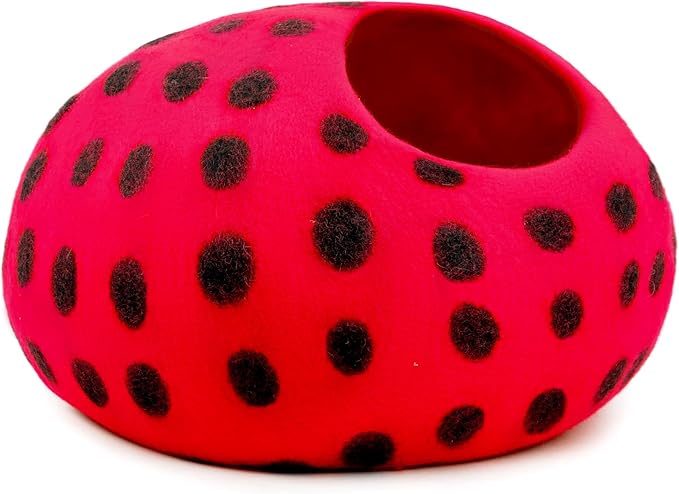 Woolygon Premium Felt Cat Cave Bed – Wool Kitty Beds Handcrafted Kitten Caves Bed for Indoor Cats - Made from Merino Wool, Foldable Cat Hideaway Covered Cat House Pod (Red Polka)