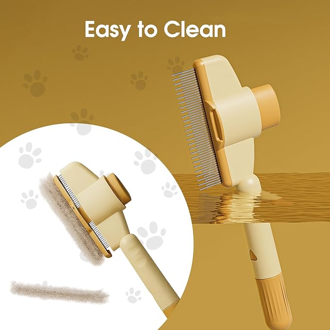 Self-Cleaning Cat and Dog Comb – 2-in-1 Pet Hair Removal and Flea Comb with Stainless Steel Teeth and One-touch Release Button, Suitable for Hair Removal, Detangling, and Grooming Yellow
