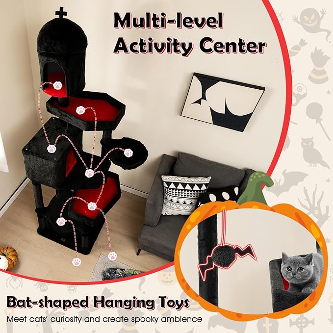 PETSITE 83 Inch Tall Gothic Cat Tree, Multi-Level Halloween Cat Tower with Coffin Beds, Scratching Posts, 2 Cat Condos, Dangling Balls, Hammock, and Basket Bed, Goth Cat Tree for Indoor Cats, Black