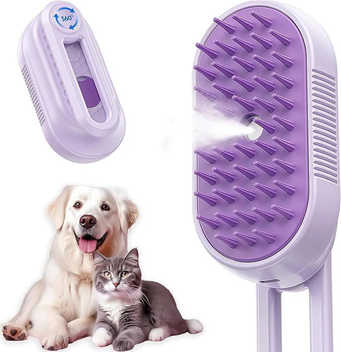 Cat Brush Cat Steam Brush Rechargeable Steamy Pet Grooming for Shedding, Water Spray Massage Brushs, Dog Hair Removal Self Cleaning Brushs Steamer Wet Spa Comb (Purple)