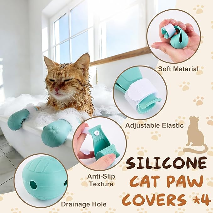Adjustable Cat Muzzle for Grooming with 4 Paw Cover, Breathable Mesh Cat Head Cover, Anti-Bite Cats Mask, Silicone Paw Protector for Nail Trimming, Bathing (M)