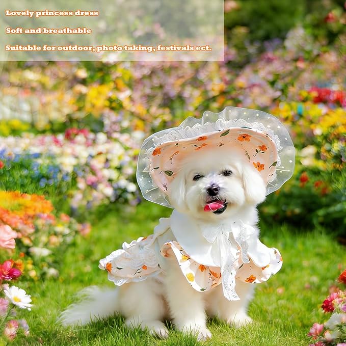 2 Pcs Pet Floral Dress and Lace Sunhat, Summer Skirt with Laces for Dog, Cute Bowknot Dresses for Cat, for Birthday Party and Outdoor Travel (Orange, Large)